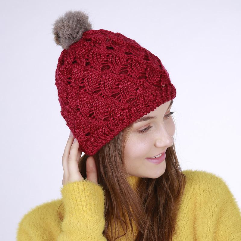Lady Handmade Knitted Hat Double Layer Fan-Shaped Knitting Pompom Hat Hood Rabbit Hair Ball Woolen Warm Hood Warm Cap  B-8470