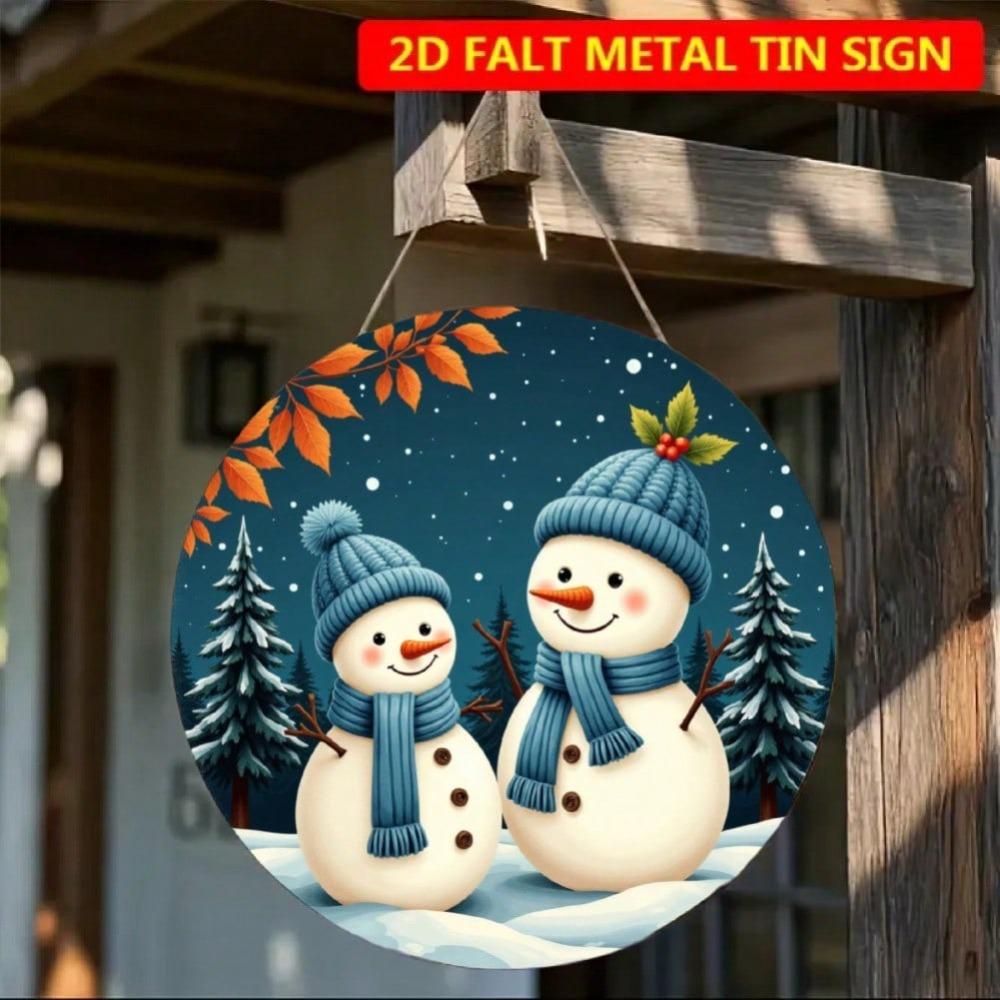 Vintage Snowman Family Tin Wall Art 8x8 Inch Retro Christmas Holiday Home Decor Metal Circular Sign