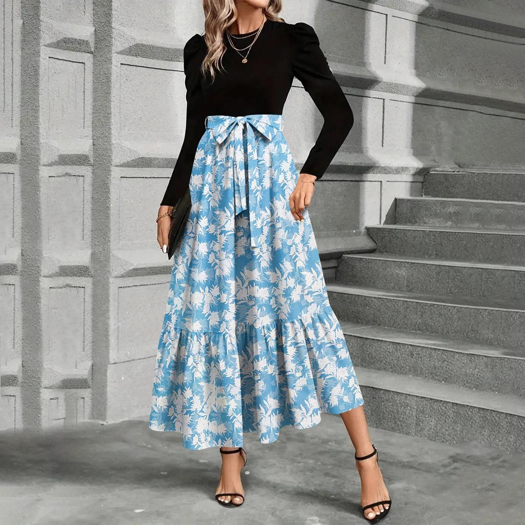Women's Floral Print High Waist Fashionable And Elegant Dress