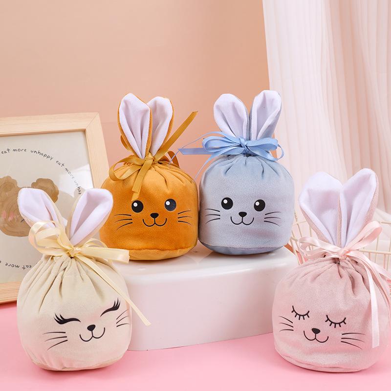 Easter Bunny Drawstring Gift Bag with Smiling Face, Hot Stamped Candy Bag