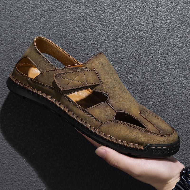 Fashion New Style Men's Sandals Summer Leather Hollow Out Shoes Outdoor Leisure Sports Beach Flats Male Mesh Footwear Wading Aqua Shoes