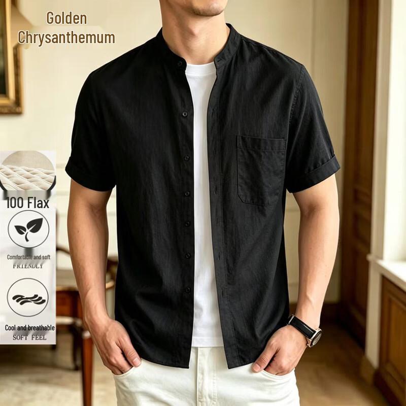 Men s 100% Linen Short-Sleeve Stand Collar Shirt S