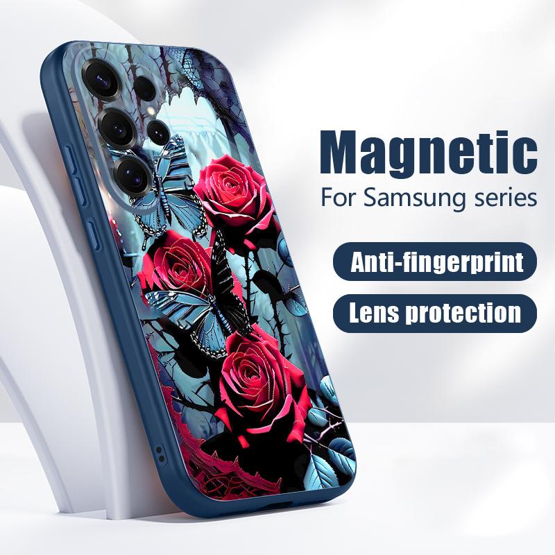 Magnetic For Magsafe Case For Samsung Galaxy S26 Ultra S25 Edge S24 Plus S23 FE S22 A17 A54 A55 A56 A57 5G Red Rose Flowers Pattern Cover