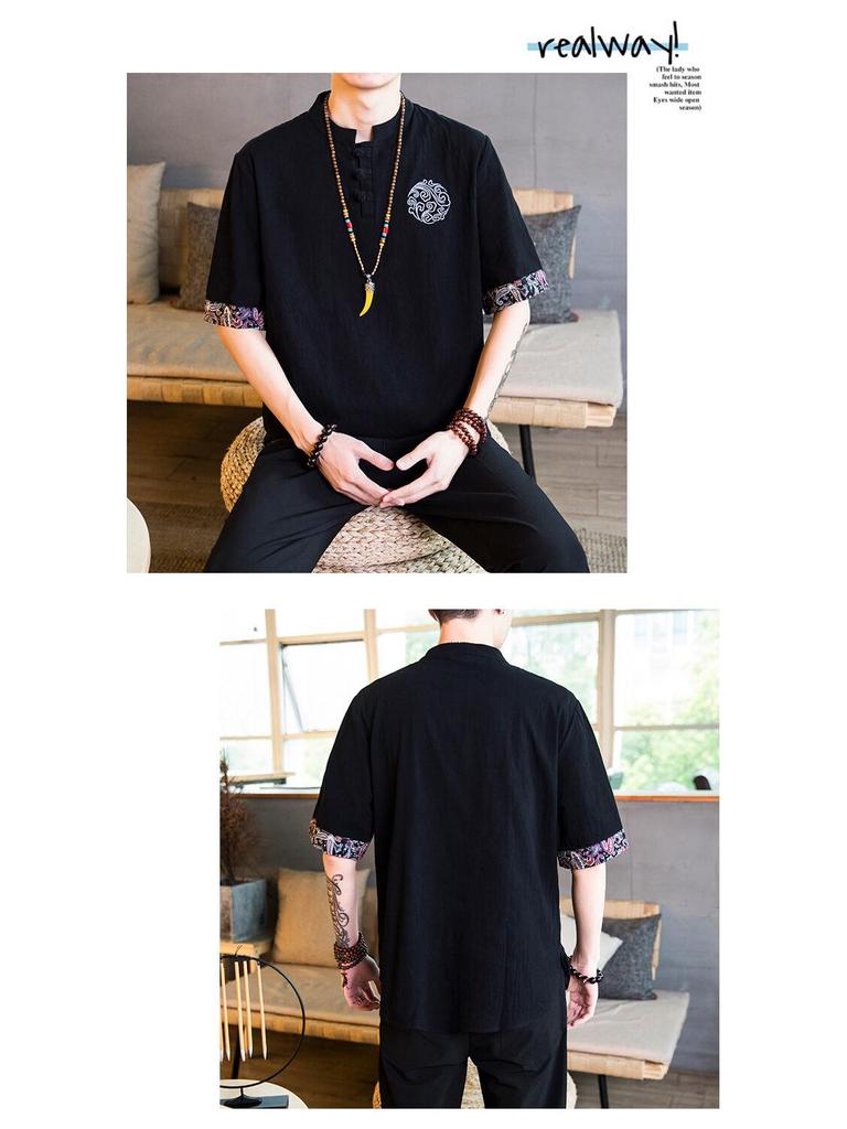 Men's Loose V-Neck Linen Tang Suit T-Shirt - Retro Chinese Style, Short-Sleeved, Cotton and Linen Blend, Fashionable for Larger Sizes