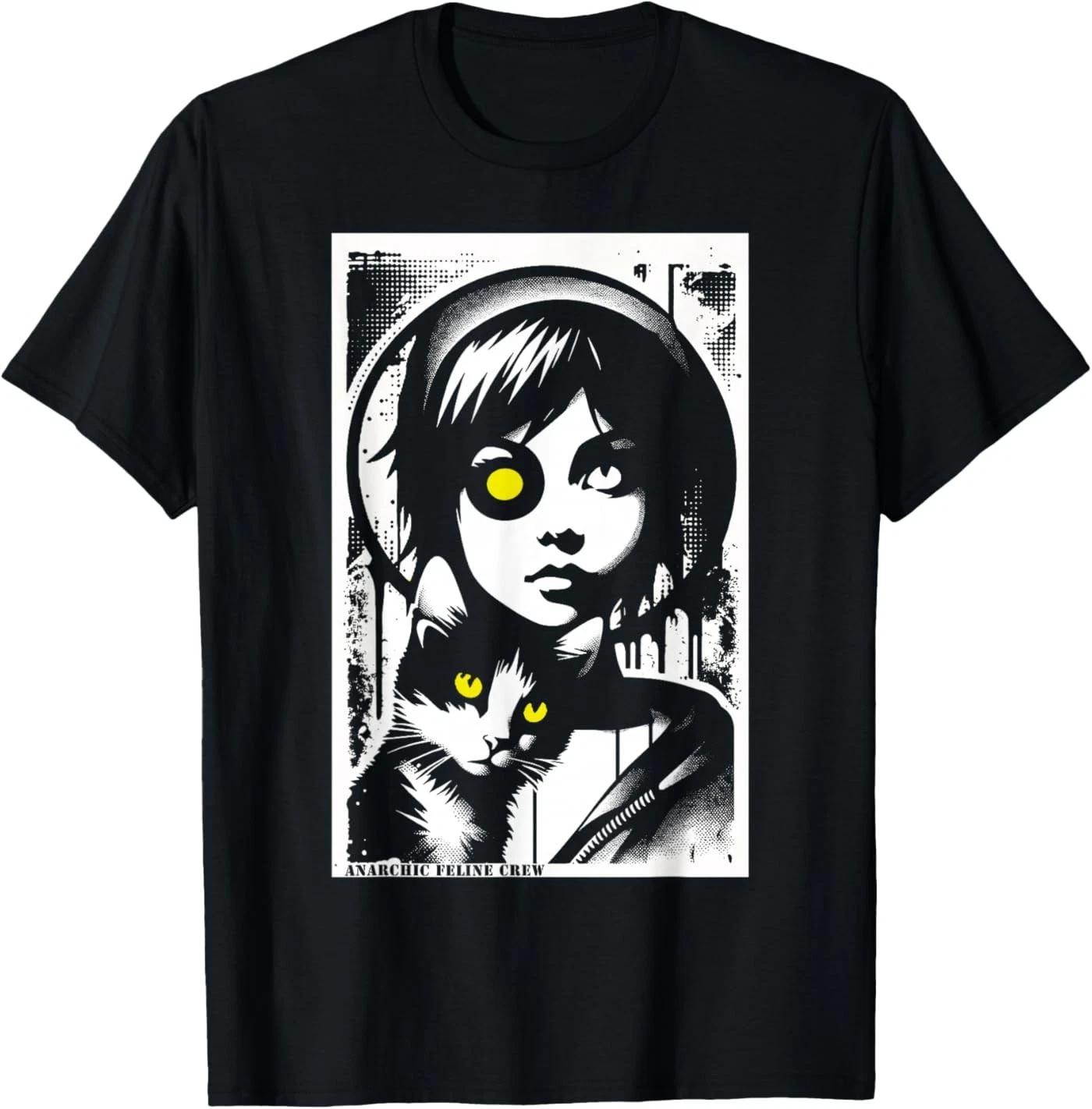 Панк-девушка и кот Граффити Гранж 90-е Потертый Винтаж 100% Хлопок Футболка Мужские Футболки Топ S