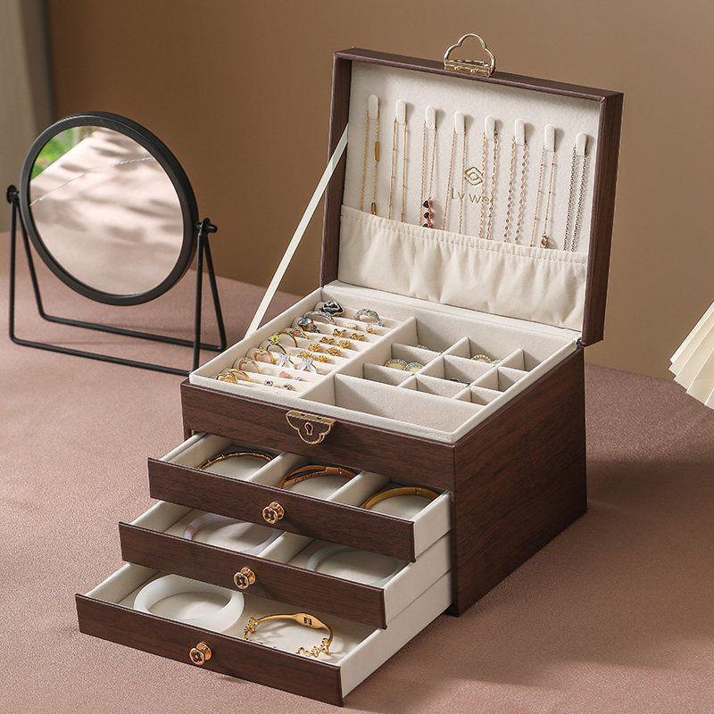 High-End Walnut Jewelry Box - Exquisite Storage for Gold Earrings & Necklaces, Large Capacity, Retro Design with Anti-Oxidation Feature