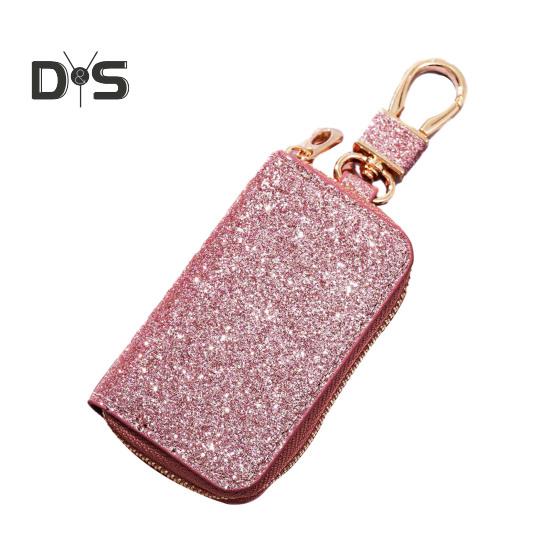 

Чехол для автомобильного ключа из искусственной кожи, мини, портативный, блестящий, для мужчин и женщин, сумка для ключей от машины, брелок с дистанционным управлением, держатель для ключей, сумка-молния, защитный чехол розового золота
