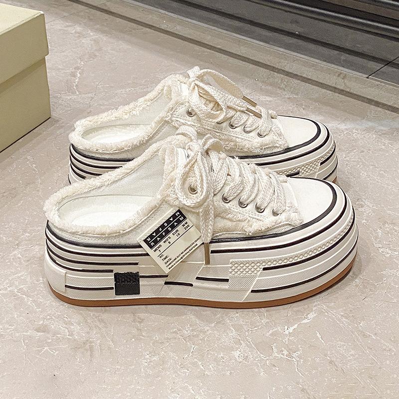 Fashion versatile thick-soled high canvas shoes for women's 2025 spring and autumn new comfortable lace-up outer wear casual soft sole half drag