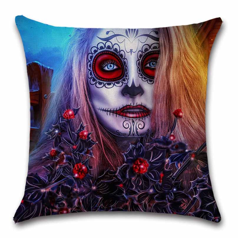 Home Sofa Seat Car Friend Office Gift Pillow Cover Skull Mexican Day of The Dead Goth Girl Linen Cushion