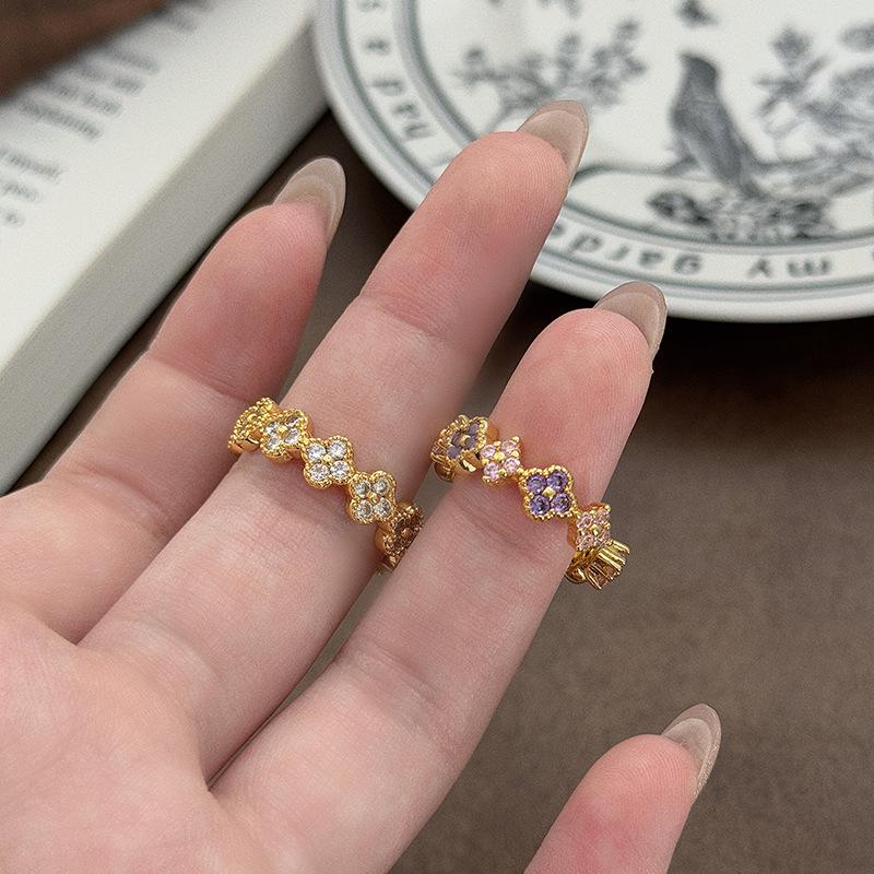 Light Luxury Retro Style Multi-Colored Flower Four-Leaf Clover Full Of Diamonds Zir*****Pen Ring Small Flower Niche Design Stacked Ring