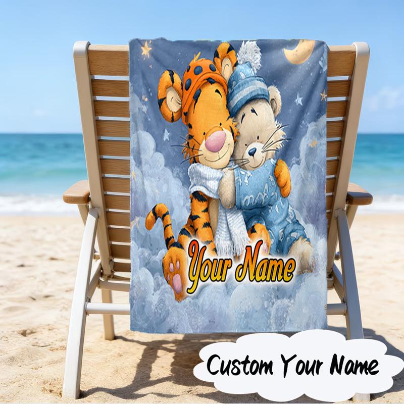 Custom Name Nightly Tiger Hugs Pooh Microfiber Beach Towel Super Soft & Absorbent for Bath, Beach, Travel Bath Time Accessory, Fan Gifts