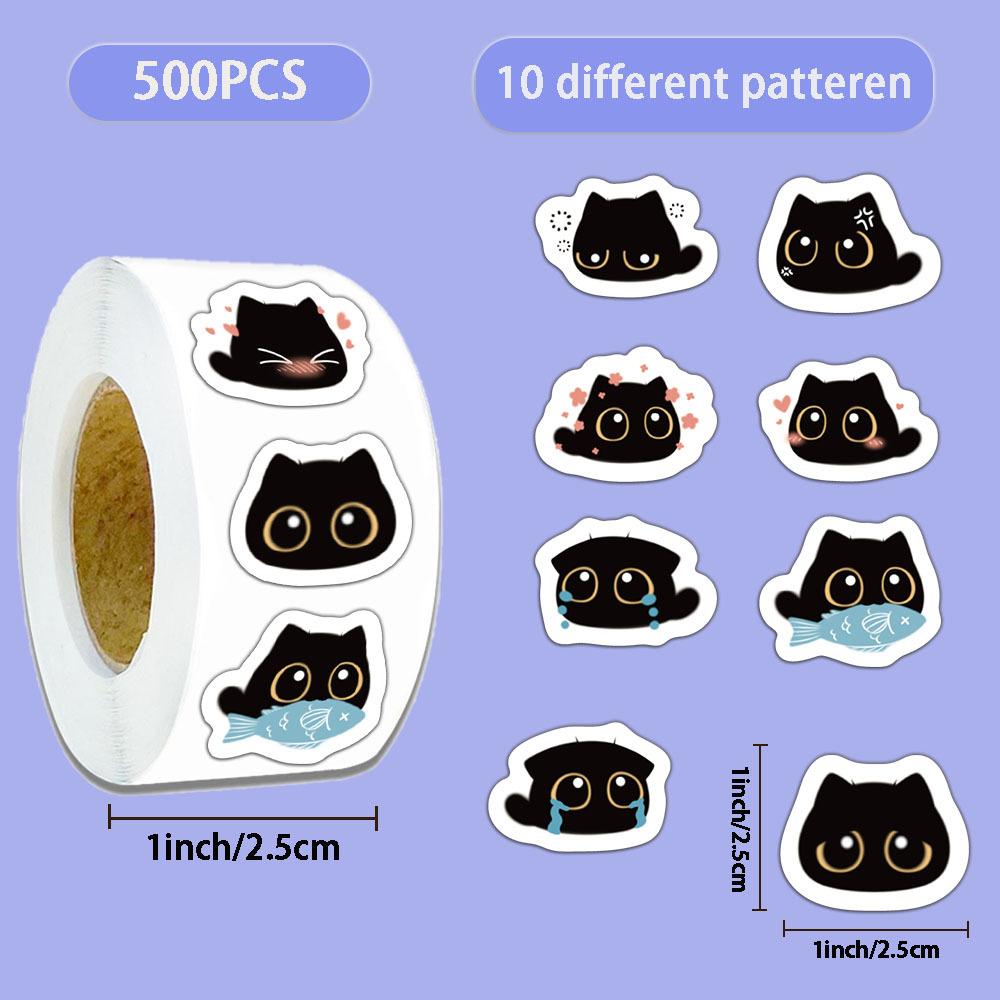 500pcs Cute Funny Black Cat Briquette Sticker Roll Kawaii Cartoon DIY Stationery Phone Luggage Sealing Sticker Reward Gift Toy