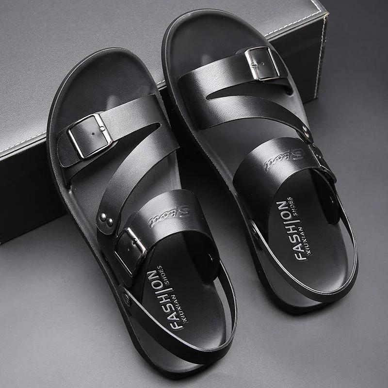 Fashion Fashion Sandals Male Solid Color PU Leather Men Shoes Summer Comfortable Open Toe Leather Mens Sandals Beach Leather Footwear