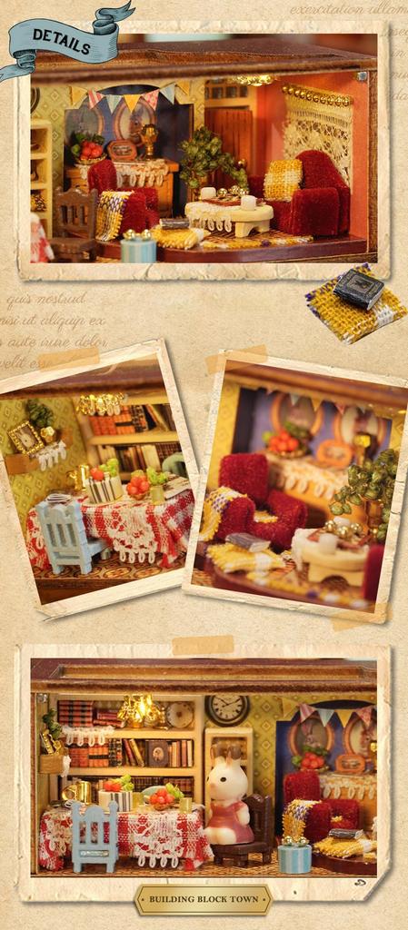 Moin Moin Dollhouse Miniature Handmade Kit Set, Arrange and Stack As You Like, Bear, Cat, Rabbit Colorful Town, Red, Detachable Front, LED Light,