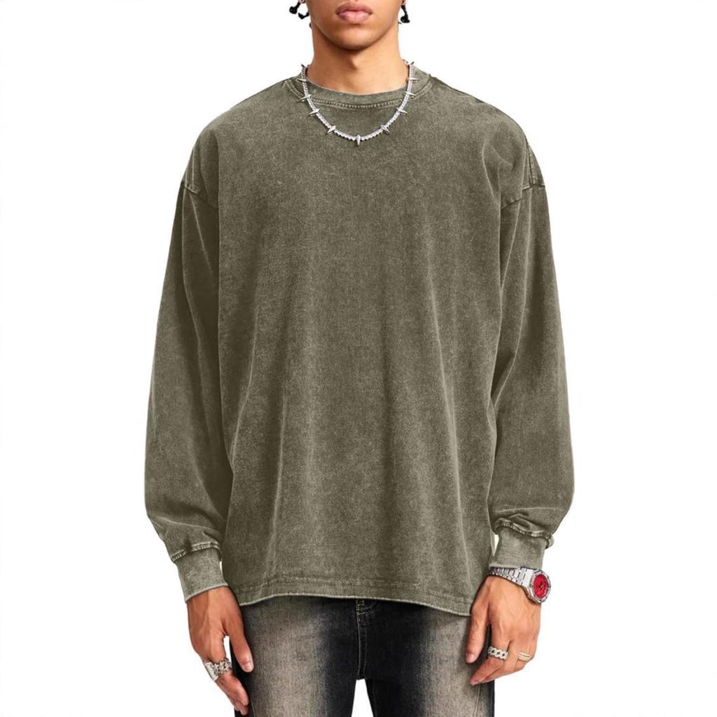 Men's And Women's Casual High-weight Washed Distressed Long-sleeved Men's Off-the-shoulder Retro Loose Round-neck All-cotton Top