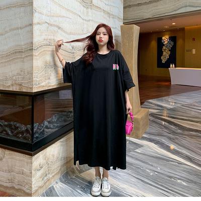 Large Size Loose Short-sleeved Long T-shirt Skirt, Summer Thin Knee Long Skirt Printed Casual Fat MM Straight Dress