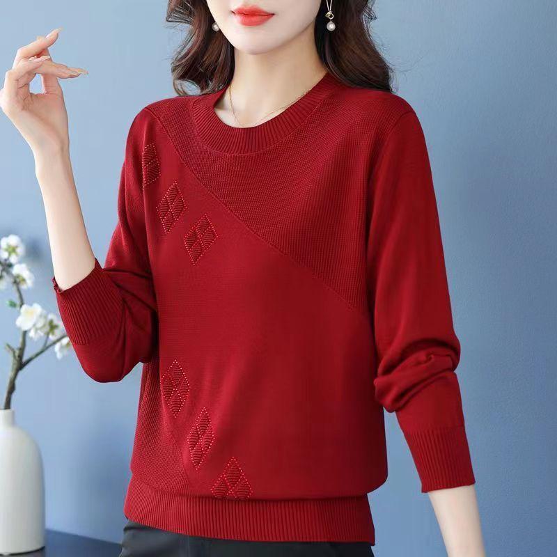 Fall Winter Women's Plus Size Sweater Long Sleeve Loose Crew Neck Knitwear Sweater Rhinestone Pullover Knit Top Stretch Jumper
