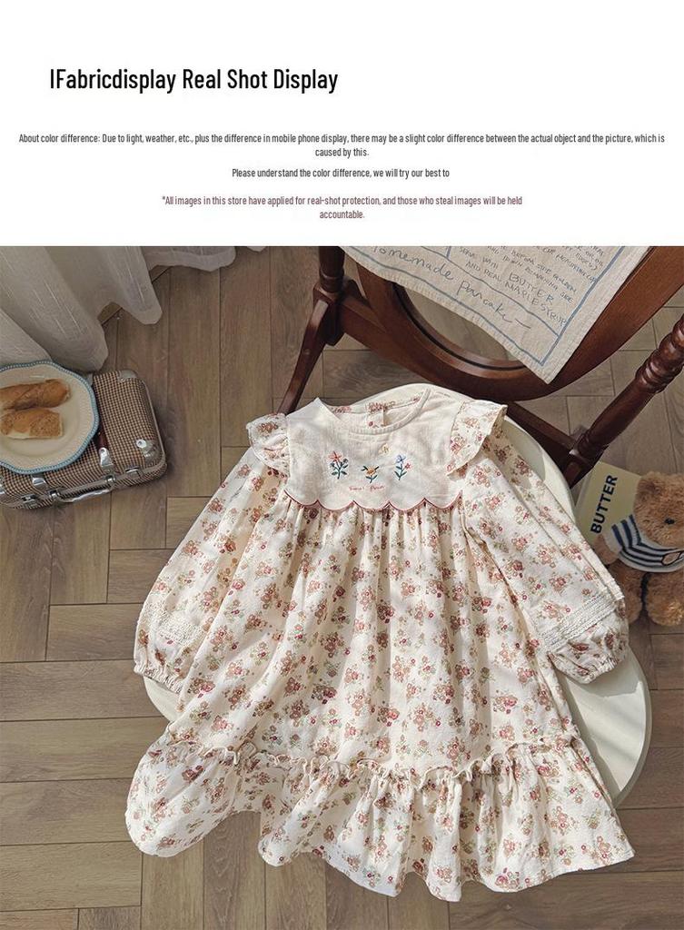 2026 Autumn French Floral Embroidered Girls' Princess Dress with Ruffle Long Sleeves