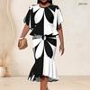 Women Plus Size Black White Printed Round Neck Batwing Sleeve Ruffle Hem Top Fishtail Skirt Two Piece Set