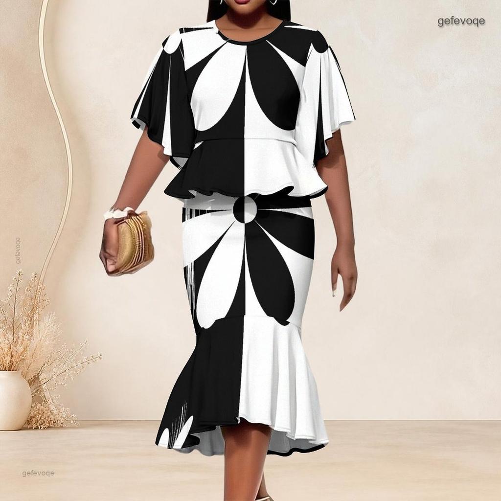 Women Plus Size Black White Printed Round Neck Batwing Sleeve Ruffle Hem Top Fishtail Skirt Two Piece Set