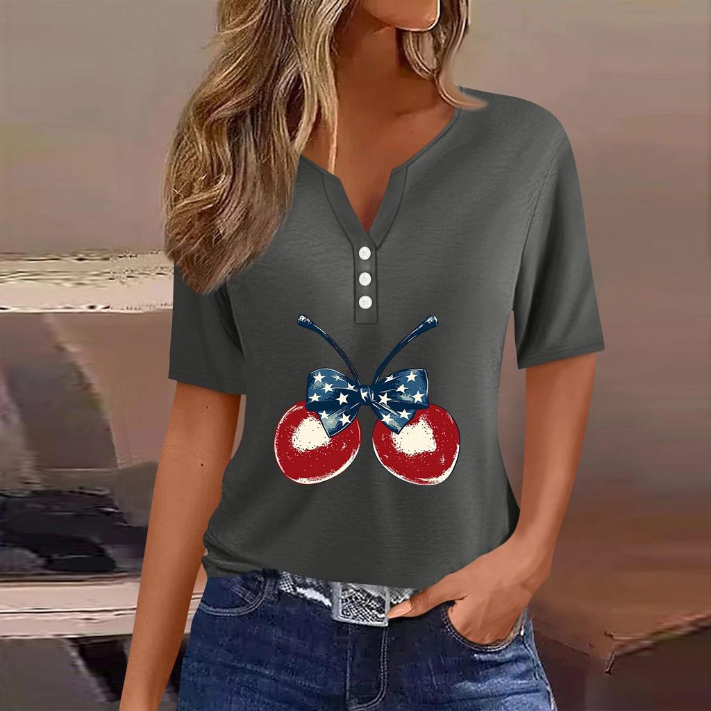 Women's T Shirt Tee Independence Day Print Button Short Sleeve Daily Weekend Fashion Basic V-Neck Regular Top