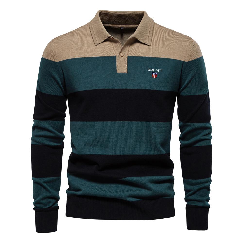 Gant Autumn Embroidery New Men's Long Sleeved Polo Collar Sweater Slim Fit Lapel Striped Patchwork Knit Sweater