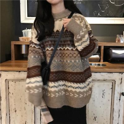 Women Vintage Casual Loose Sweater Autumn Winter Striped Jumpers O-Neck Knitted Pullover Long-Sleeved Contrast Colors Knitwear