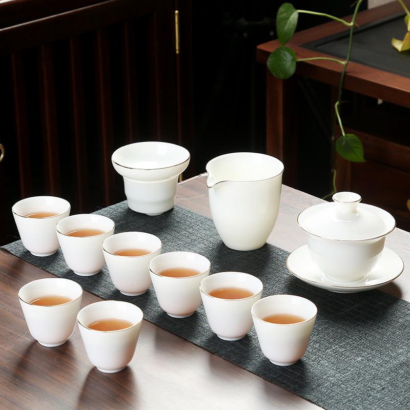 Company event business gifts, printed mutton fat jade porcelain Kung Fu tea set set, home gift gift
