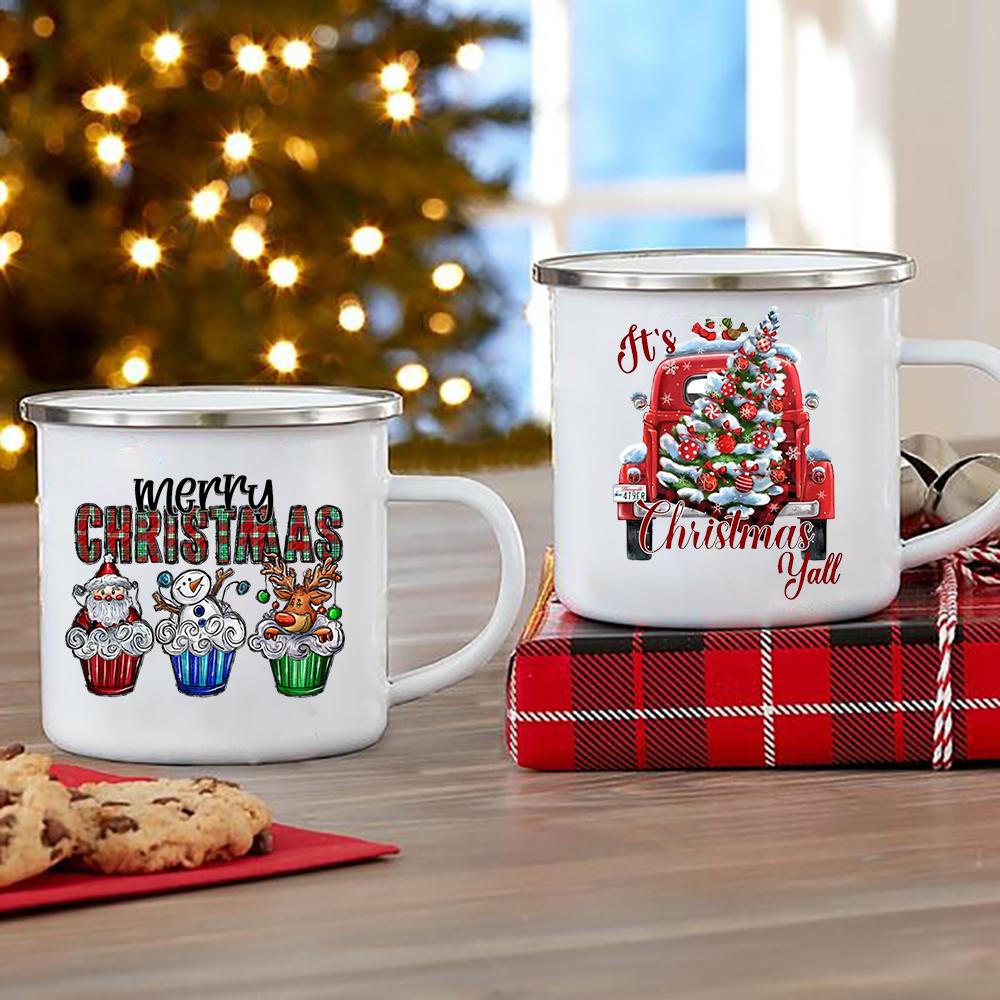 Santa Deer Truck Print Creative Enamel Cups Christmas Party Drink Juice Hot Cococ Cup Mugs Handle Mug Gifts for Family Friends