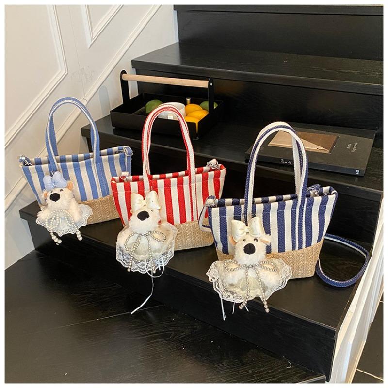 Summer trend canvas bag striped vegetable basket women's bag new high-end retro splicing fashion messenger bag