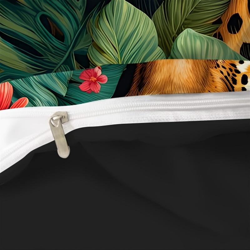 2/3Pcs Tropical Green Leaves Leopard Print Duvet Cover Set (1 Duvet Cover + 1/2 Pillowcase, Without Core), Jungle Leopard Shadow