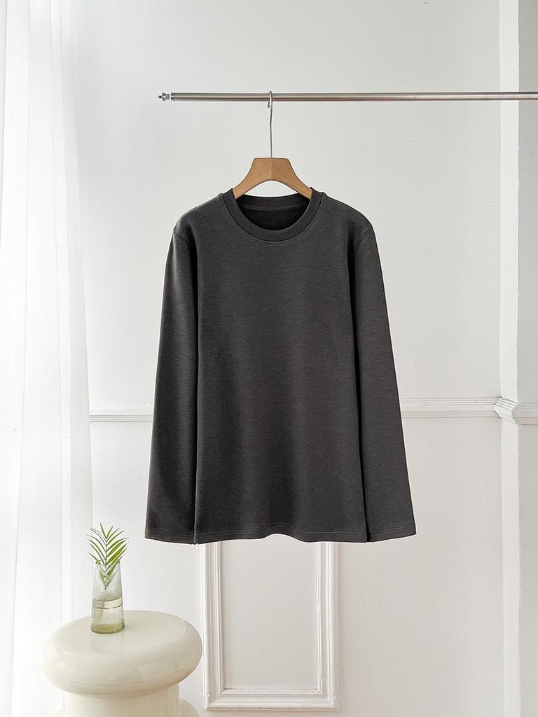 Women's Fleece-Lined Long-Sleeve Base Layer T-Shirt: Brushed, Thick, Plain, Loose Fit for Autumn/Winter 2025.