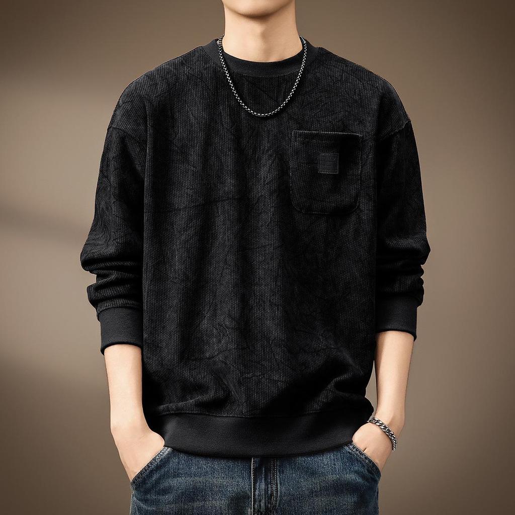 Men's Heavyweight Wool Hoodie - Spring/Autumn Round Neck, Loose Long Sleeve T-shirt, Printed Casual Base Layer