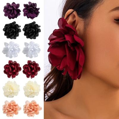 1 Pair Women Earrings Large 3D Fabric Rose Exaggerated Style Vacation Beach Photo