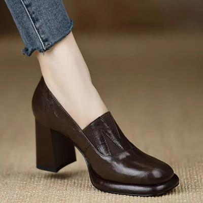 Fashion Women Retro Pumps Spring Autum Thick Square Heeled Shoe Slip-On Cowhide Female Pumps Square Toe French Style Ladies Shoes