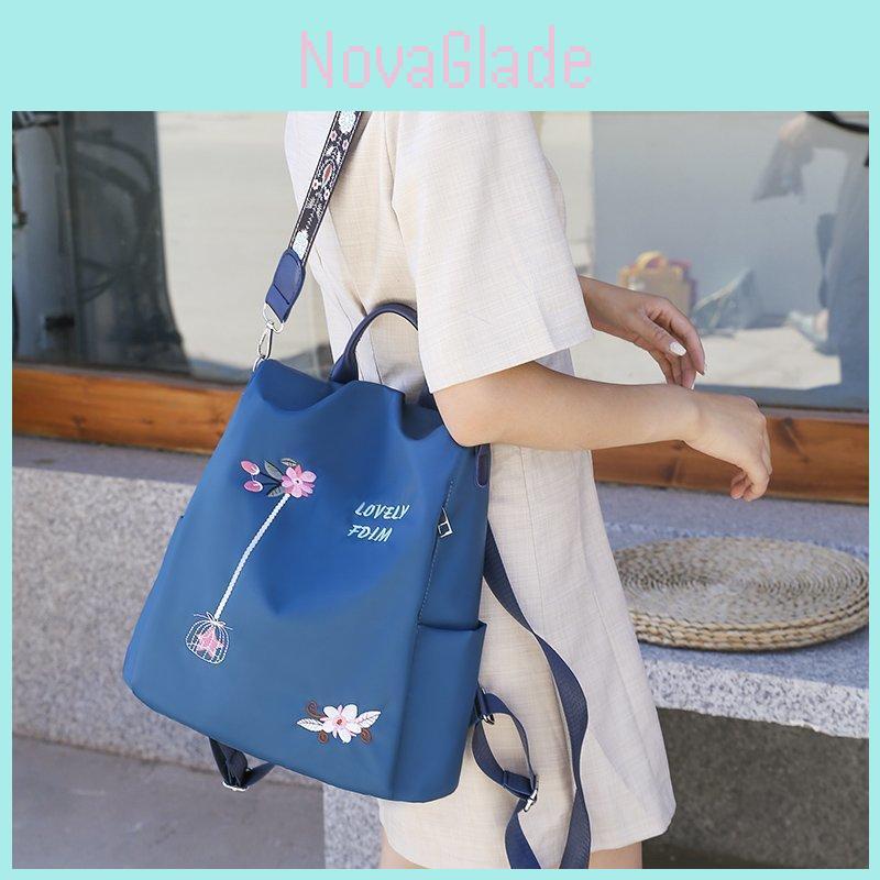 Stylish Flower Pattern Embroidered Backpack Spacious Women's Bag Oxford Fabric Blue Black Khaki