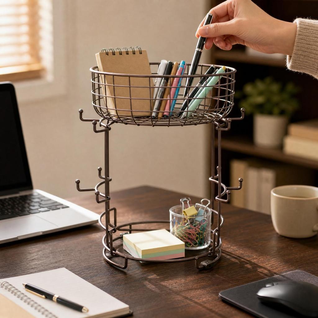 Two-Tier Storage Rack with Hooks Compact Kitchen Shelf Easy to Clean