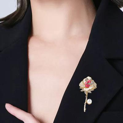 Brooch Pin Three-Dimensional Rose Shape Enamel Drip Technology Pin with Rhinestone Faux Pearl Inlay Suits Coats Dresses Badge