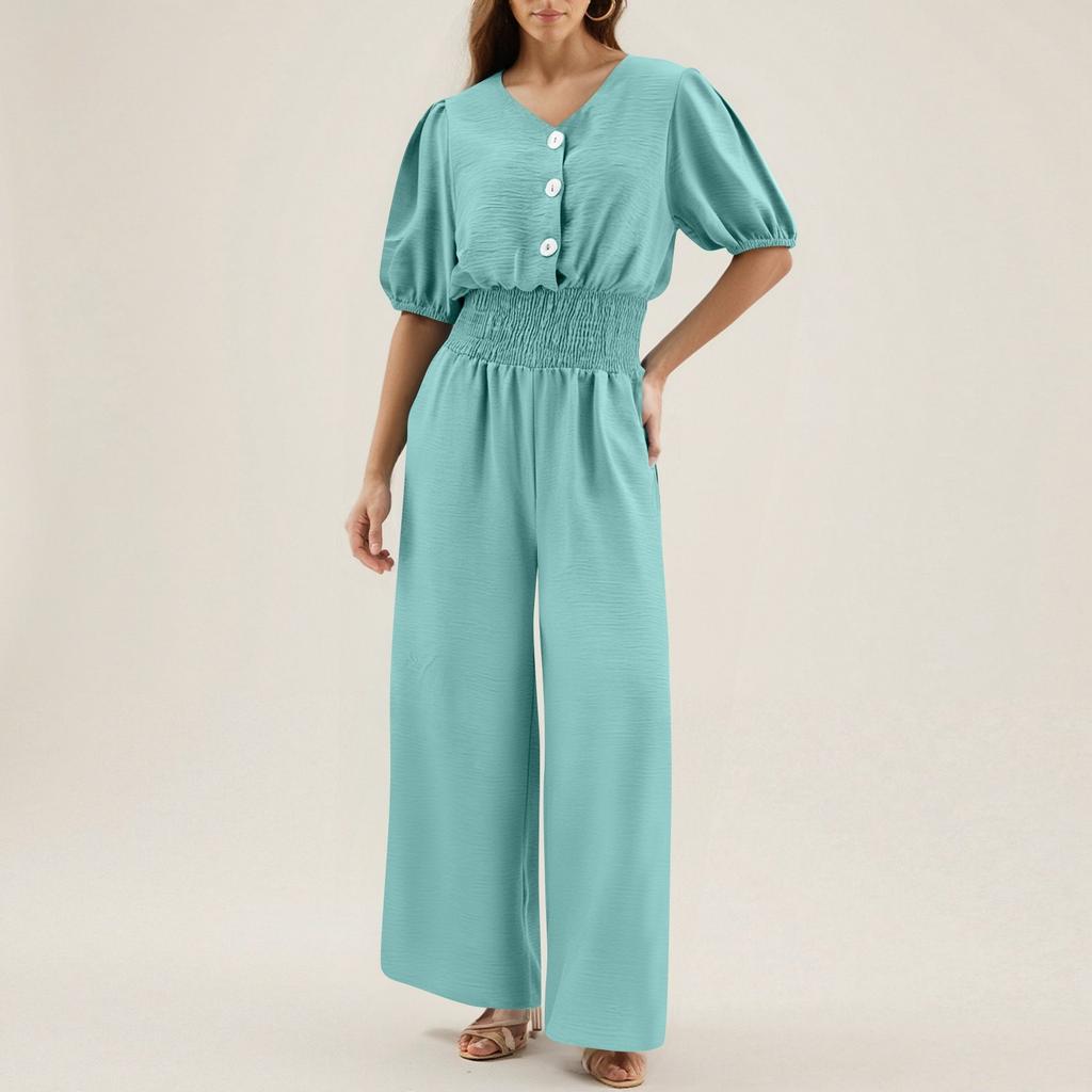 Women's Fashionable Solid Color V-neck  Button Short Sleeved Casual Loose Wide Leg Pants Jumpsuit