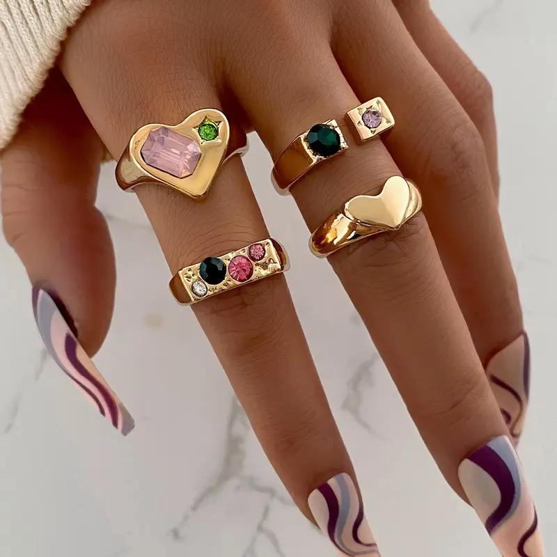 4PCS Vintage Purple Crystal Rings for Women Gold Color Metal Rings Set Snake Fashion Jewelry Female Designer Minority Gifts