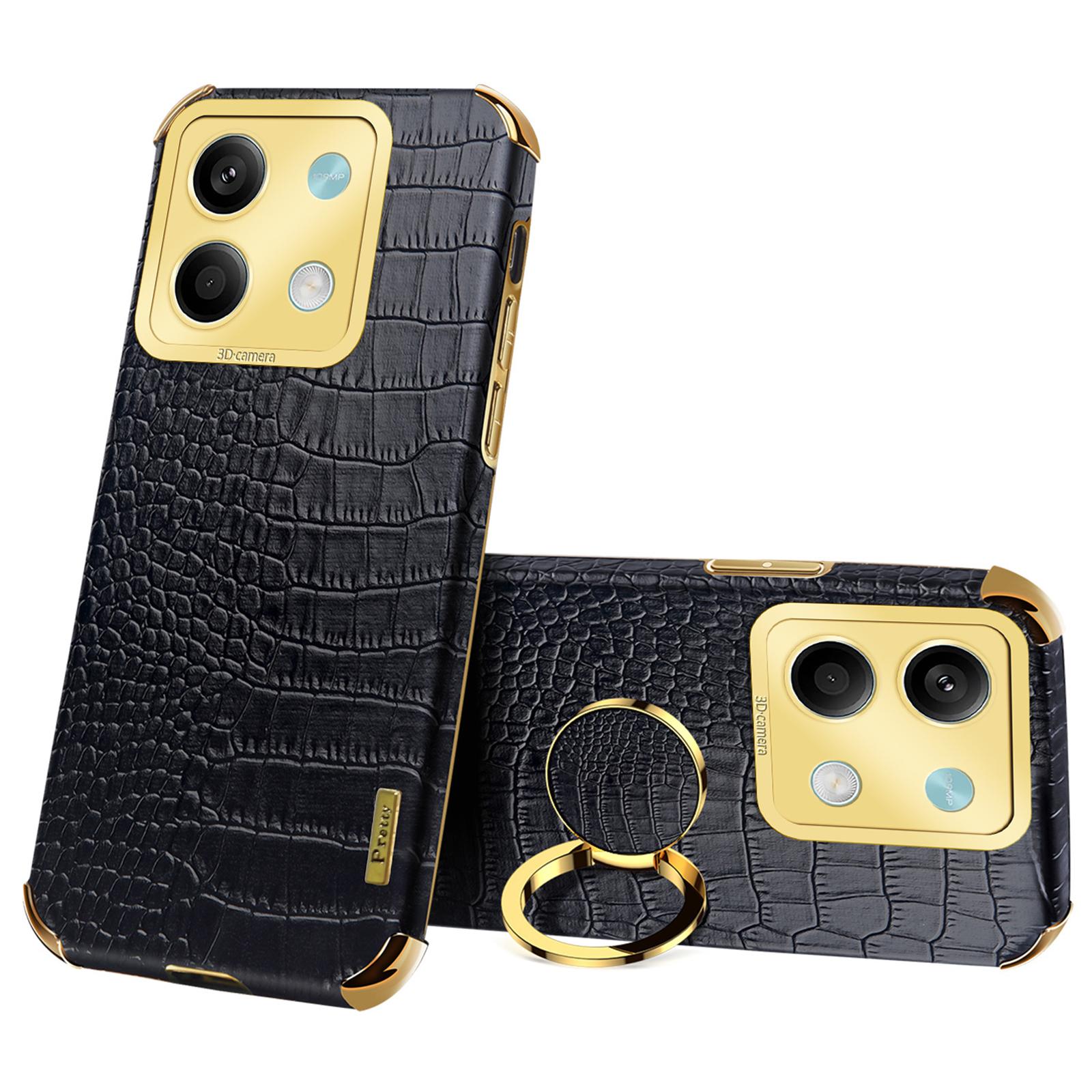 

For Xiaomi Redmi Note 13 5G Case Crocodile Texture Leather+TPU Phone Shell Protector with Ring Kickstand Black