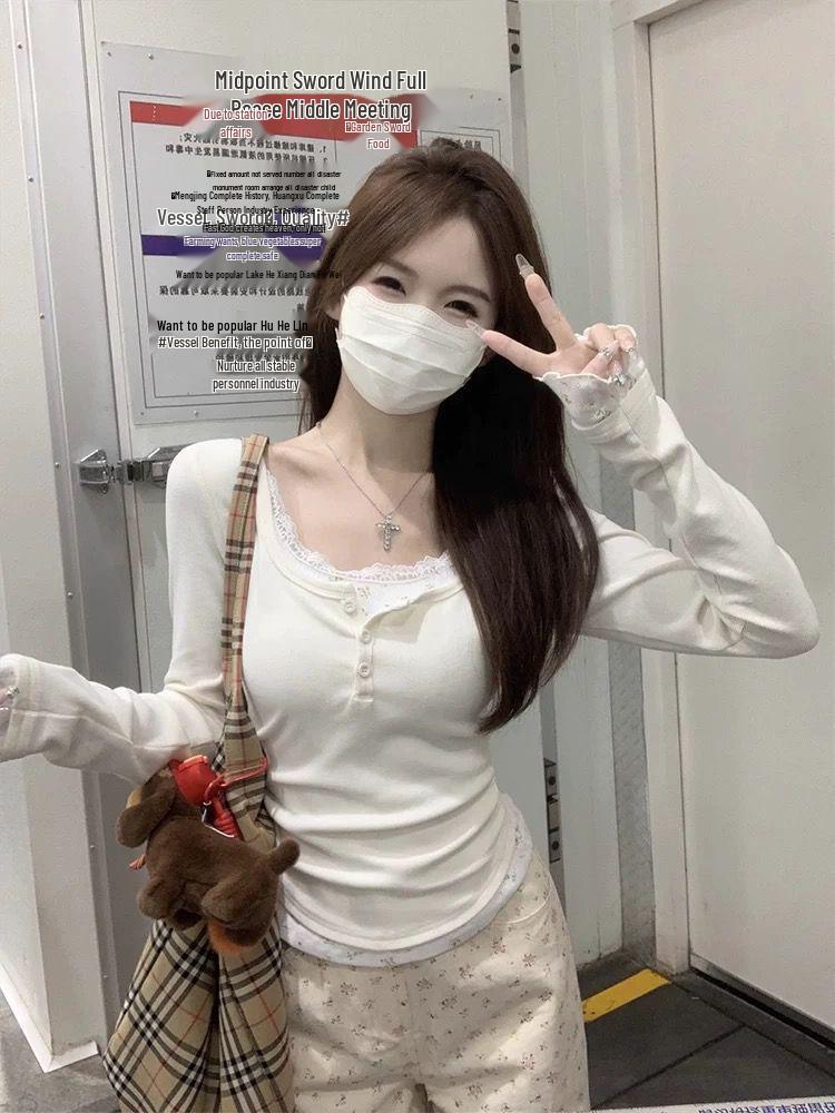 Nueva Moda Mujer Ajustado Encaje Floral Patchwork Manga Larga Camiseta