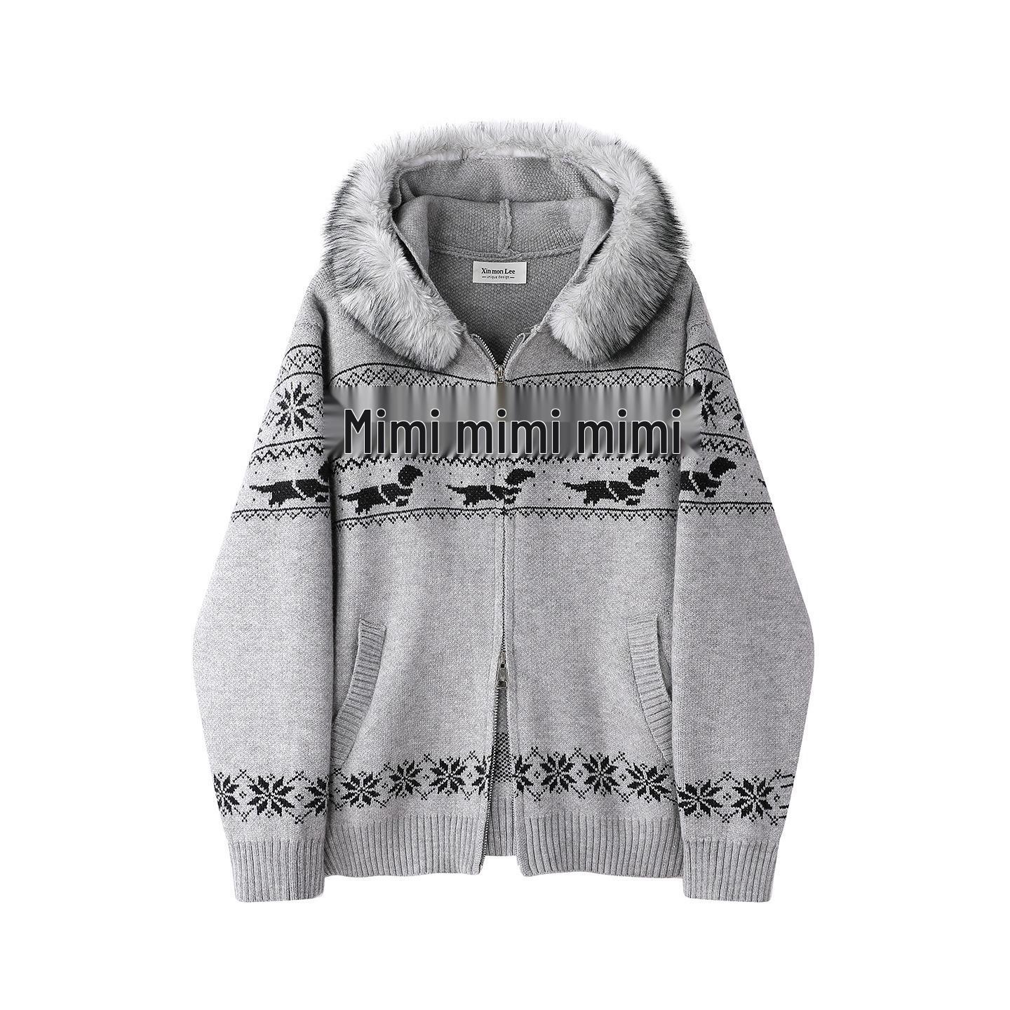 

Women s Winter Hooded Fair Isle Knit Cardigan with Double Zipper XL сірий колір