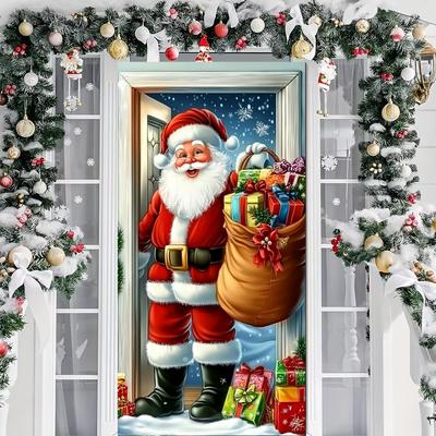 Merry Christmas Snowman Santa Claus Door Cover Banner Christmas Hanging Decor for Holiday Season Party