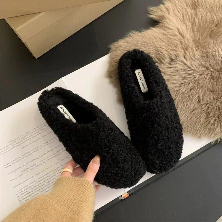 Dongdaemun Fashion Lamb Wool Bag Head Wool Slippers Women's Autumn and Winter Wear 2025 New One-pedal Cotton Slippers