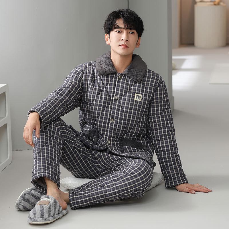 Pajamas Men'S Autumn And Winter Three-Layer Fleece Warm Coral Fleece Padded Cotton Men'S Woven Cotton Homewear Padded Jacket Set