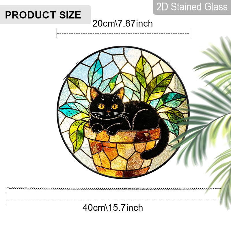 2D Flat Stained Glass Cute Black Cat Window Decoration, 7.87inches Colored Glass Plate with Chain, Hanging Sun Catcher Home Decor, Unique Holiday
