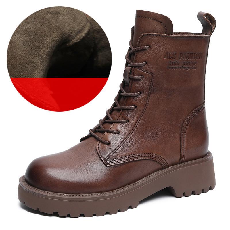 

Johnature Укороченные сапоги на толстой подошве из натуральной кожи в стиле ретро, удобные женские сапоги до середины голени 39-Plush коричневый