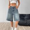 Shorts Jeans Bermuda Feminino Cintura Alta Comprimento do Joelho Jorts Largos Pernas Largas Jeans Soltos com Bolsos