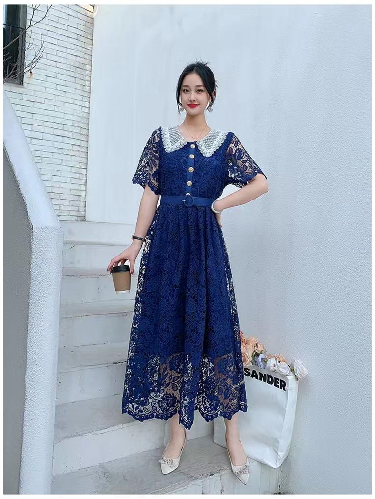 Damen Französisch Süß Farbblock Peter Pan Kragen Slim Fit Midilänge Spitzenkleid